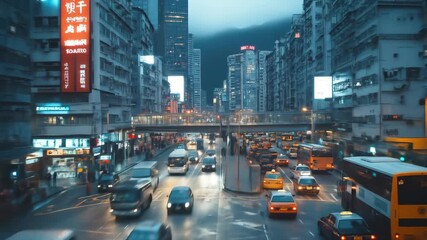 This captures the vibrant cityscape of Hong Kong, showcasing busy city streets, illuminated with neon lights and filled with dense traffic under a bridge.