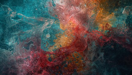 Forming swirling abstract fluid pattern in marbled display, with deep teal, crimson and gold flecks