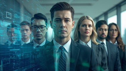 Standing corporate executive leading presentation in office hall, with holographic data overlays