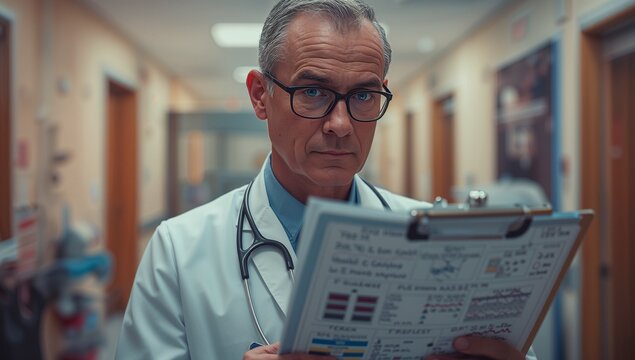 Senior male doctor in lab coat reviewing chart on clipboard in hospital corridor, with stethoscope
