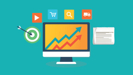 The computer screen projects directional arrows moving upward, presenting strategic digital marketing in driving targeted outcomes.