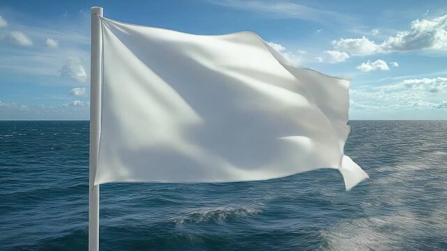 A white flag flying high on a peaceful boat ride, great for scenic or calm moments