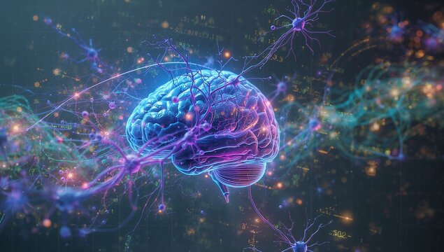 Glowing stylized brain pulsing in digital space, with floating neural connections and data streams