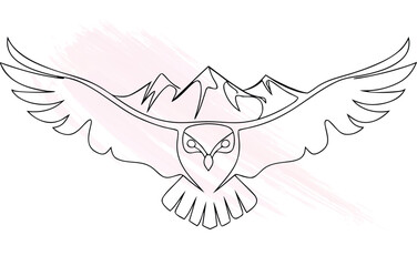 Continous line drawing an owl flying over mountains with  brush strokes Single line