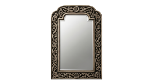 Ornate framed mirror with floral carvings for interior design isolated PNG with Transparent Background