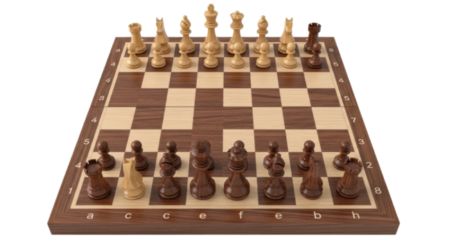 Wooden chess board with pieces ready for game isolated PNG with Transparent Background