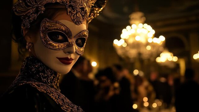 A woman in a mask and gown attends a masquerade ball, the party's lights glowing over the elegance and intrigue of the evening, adding mystery to the gala.