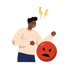 Isolated angry person expressing negative mood with red feedback emoji and lightning vector illustration