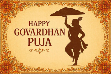 Happy Govardhan Puja Indian Krishna Art Decorative Mountain Celebration Spiritual Worship Traditional Festival Hindu Culture,illustration of lord krishna lifting Govardhan mountain 