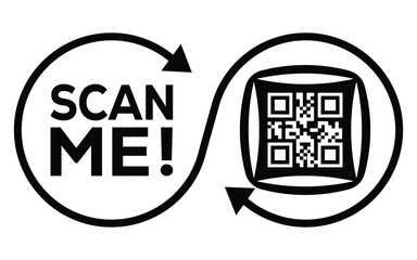 A black and white vector graphic featuring two interconnected circles: one with the call-to-action "SCAN ME!" and the other containing a QR code. The design forms an infinity loop.