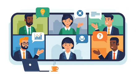 Virtual meeting with diverse team members discussing business ideas and strategies via video conference on a large screen