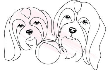 Continous line drawing two dogs playing with a ball Single line animal