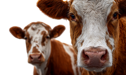 Close up portrait of a brown and white spotted cow and calf isolated on transparent background