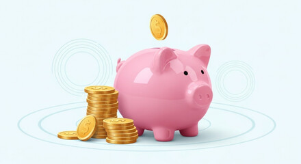 Pink piggy bank with coins and circles on light blue background, symbolizing saving and investment