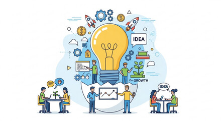 Brainstorming and creative idea generation with light bulb, gears, and people working together innovation and teamwork concept