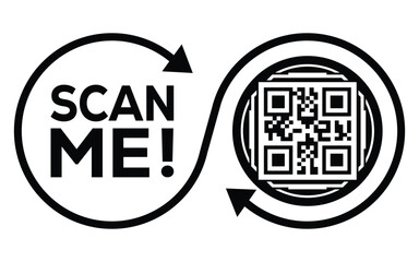 A black and white vector graphic featuring two interconnected circles: one with the call-to-action "SCAN ME!" and the other containing a QR code. The design forms an infinity loop.