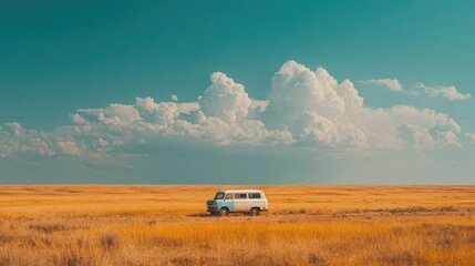 Fototapeta premium Van travels across open field under bright blue sky with fluffy clouds