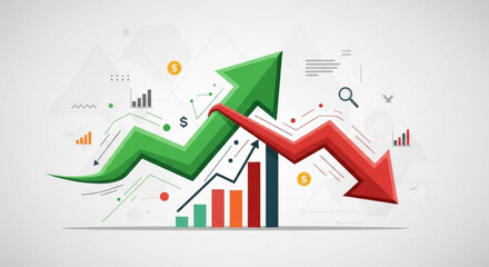 Illustration depicting financial market trends with upward green arrow and downward red arrow, showcasing stock market growth and decline