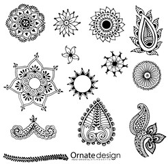Set of black and white vector ornaments inspired by mandala, henna, and paisley designs. Perfect for tattoos, boho patterns, decorative art, invitations, or spiritual illustration projects.