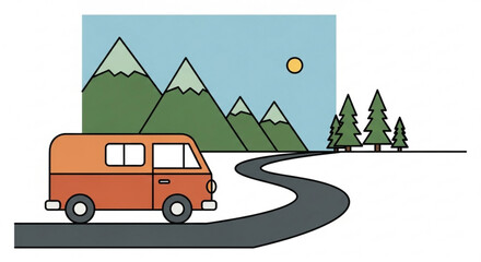A minimalist illustration depicts a campervan driving on a winding road towards snowcapped mountains under a bright sun