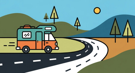 A vibrant illustration showcases a recreational vehicle cruising along a winding road, surrounded by lush green hills and towering trees under a bright sun