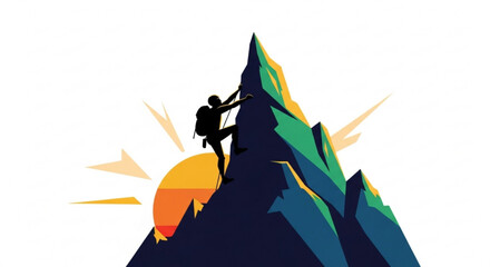 Silhouette of a climber scaling a mountain peak against a vibrant sunset, symbolizing challenge, adventure, determination, and the pursuit of goals