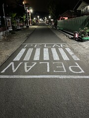 Nighttime photo of a pedestrian crossing with the word “PELAN PELAN” marked on the asphalt under streetlights.