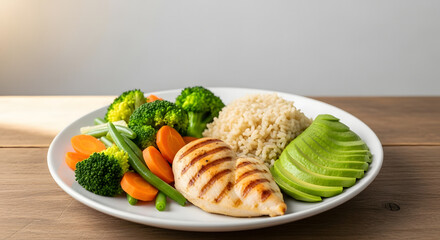 Healthy Grilled Chicken Breast with Brown Rice, Broccoli, Carrots, and Avocado Slices on a White Plate