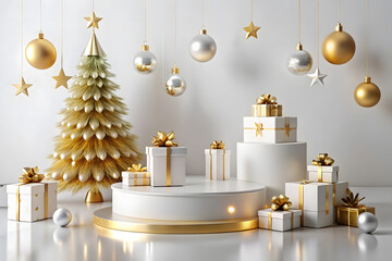 Christmas tree with gifts and ornaments on white background