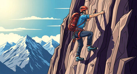 A determined rock climber ascends a steep cliff face, showcasing the thrill and challenge of mountaineering against a scenic mountain backdrop