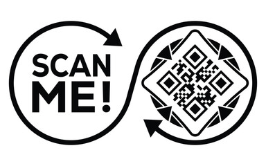 A black and white vector graphic featuring two interconnected circles: one with the call-to-action "SCAN ME!" and the other containing a QR code. The design forms an infinity loop.