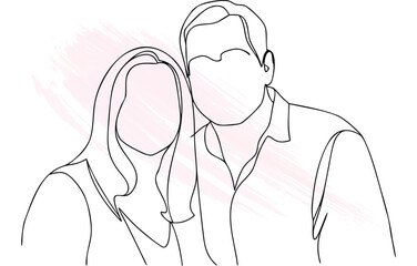 Couple embracing in continuous line art with  watercolor brush strokes Single line