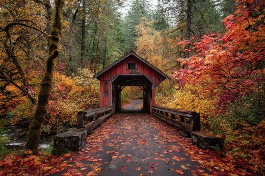 Sweet Home Oregon - Covered Bridge in Fall with Cascadia Forest Colors