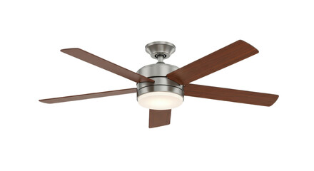 Ceiling fan with light fixture and five dark wooden blades isolated PNG with Transparent Background
