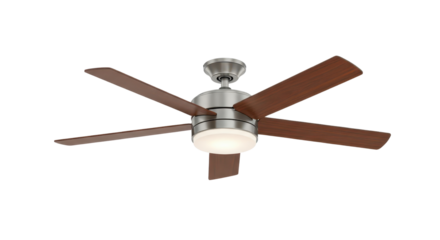 Ceiling fan with light fixture and five dark wooden blades isolated PNG with Transparent Background