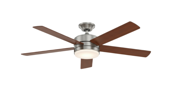 Ceiling fan with light fixture and five dark wooden blades isolated PNG with Transparent Background