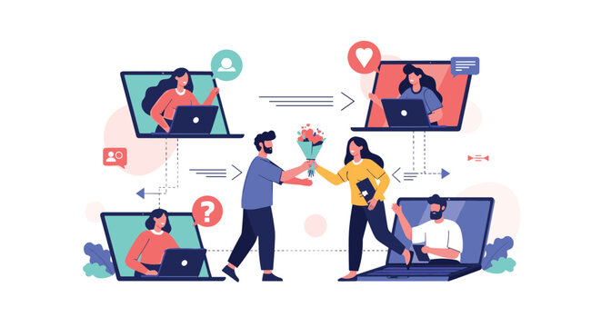People connecting and interacting with each other through technology and online platforms. 