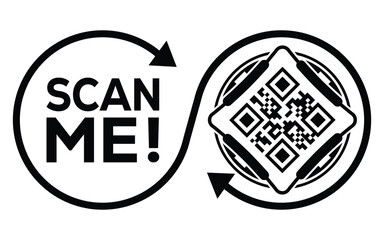 A black and white vector graphic featuring two interconnected circles: one with the call-to-action "SCAN ME!" and the other containing a QR code. The design forms an infinity loop.