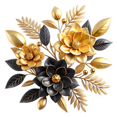Black and gold floral arrangement isolated on transparent background