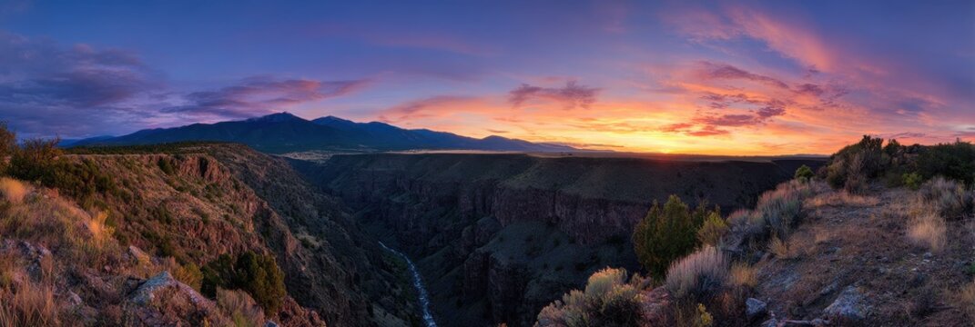 Taos NM Sunset Panorama: Sangre de Cristo Mountains, Rio Grande Gorge, Land of Enchantment