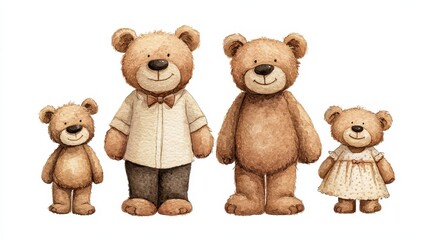 Teddy Bear Family Watercolor Illustration. Brown Bear Family with Mom, Dad, Son, Daughter