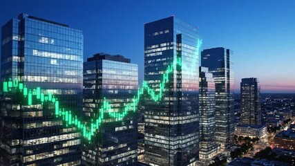 Modern skyscrapers illuminate vibrant city skyline at dusk, showcasing digital market graph symbolizing financial growth and urban development, reflecting innovation and progress - Powered by Adobe