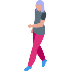 Isometric cartoon woman with short purple hair wearing a gray t shirt and pink pants walking with blue socks on a white background no background detail visible