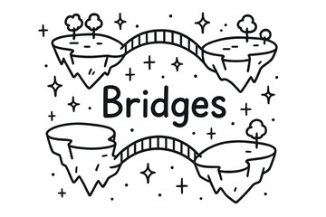 Floating Islands and Bridges. Doodle floating islands connected with bridges, stars, and sparkles, center word &ldquo;Bridges&rdquo; in black