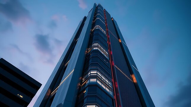 Ultra-realistic 3D render of a futuristic skyscraper exterior, with a sleek, metallic finish and glowing neon accents, set against a twilight sky, a low-angle shot emphasizing its imposing height