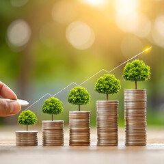 A golden coin stack and a money tree growing on a wooden house represent financial growth and investment success