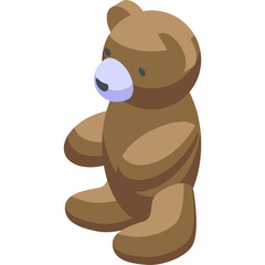 Isometric brown teddy bear toy with blue nose and black eyes on a white background representing childhood and comfort