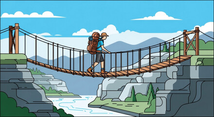 A lone hiker with a large backpack crosses a swaying suspension bridge over a river, set against a backdrop of mountains and a blue sky with fluffy clouds
