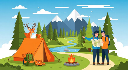 Two happy hikers consulting a map on a scenic camping trip with a tent, deer, campfire, mountains, and trees in a beautiful outdoor setting