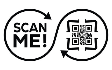 A black and white vector graphic featuring two interconnected circles: one with the call-to-action "SCAN ME!" and the other containing a QR code. The design forms an infinity loop.